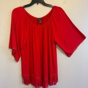 Multiples Red Women's Short‎ Sleeve Fringe Hem Rayon Tunic Top Stretch LG